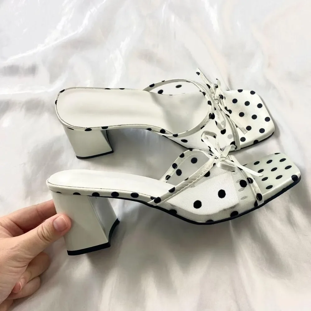 NWOT Euro Coquette Preppy Square Toe Mesh Polkadot Block Heel Sandals US 9